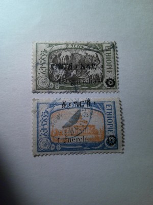 2 Timbre Ethiopia 1926 supratipar 1/2g/8g si 1g/6g - si rozeta , fauna si parlament ,stampilate foto