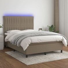 vidaXL Pat cu arcuri, saltea și LED, gri taupe, 140x190 cm, textil 3135033