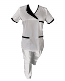 Costum Medical Pe Stil, Alb cu Elastan Cu Paspoal si Garnitură Neagra, Model Nicoleta - 4XL, XL