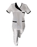 Costum Medical Pe Stil, Alb cu Elastan Cu Paspoal si Garnitură Neagra, Model Nicoleta - XL, 4XL