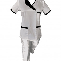 Costum Medical Pe Stil, Alb cu Elastan Cu Paspoal si Garnitură Neagra, Model Nicoleta - XS, XS