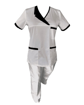 Costum Medical Pe Stil, Alb cu Elastan Cu Paspoal si Garnitură Neagra, Model Nicoleta - XS, XS foto