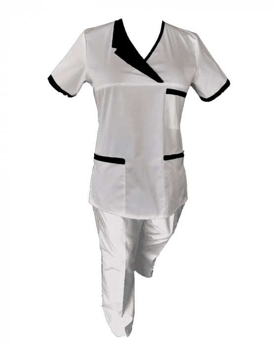 Costum Medical Pe Stil, Alb cu Elastan Cu Paspoal si Garnitură Neagra, Model Nicoleta - XS, XS