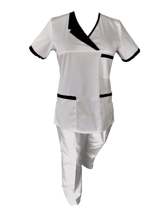 Costum Medical Pe Stil, Alb cu Elastan Cu Paspoal si Garnitură Neagra, Model Nicoleta - 4XL, 2XL