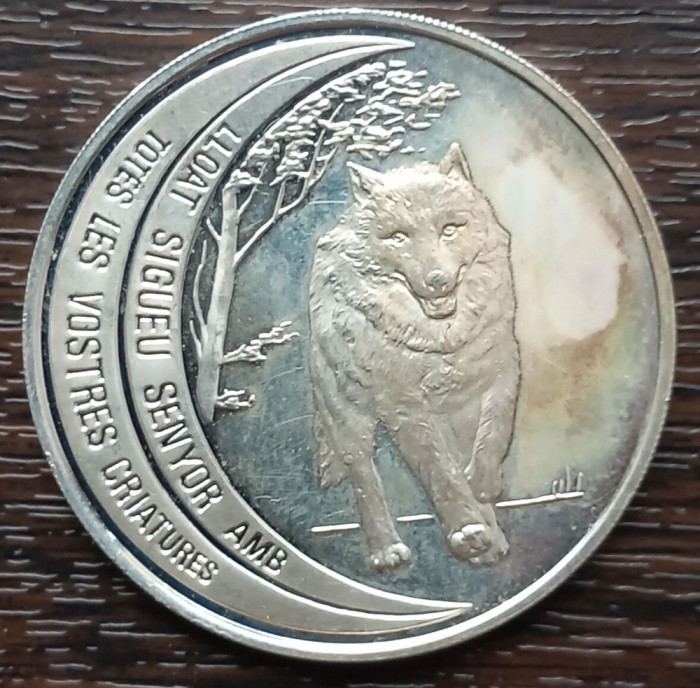 (A632) MONEDA ARGINT ANDORRA - 10 DINERS 1995, ANIMALE SALBATICE - LUP, UNCIE