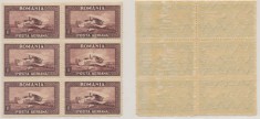 Romania 1928 Aviatie C.RAIU 1 Leu bloc de 6 filigran orizontal cu eroare far pe aripa din st&acirc;nga MNH
