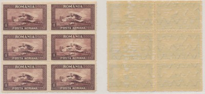 Romania 1928 Aviatie C.RAIU 1 Leu bloc de 6 filigran orizontal cu eroare far pe aripa din st&amp;acirc;nga MNH foto