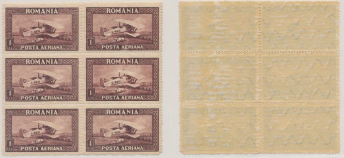 Romania 1928 Aviatie C.RAIU 1 Leu bloc de 6 filigran orizontal cu eroare far pe aripa din st&acirc;nga MNH