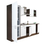 Mobilier de bucătărie Yorki 270, cu corp din stejar Yorki, fațade albe cu finisaj satinat, cu frigider cu congelator &icirc;n partea de jos, fără blat de lu