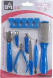 Set de accesorii pentru manichiură: separator, foarfece, rază, aparat de ras, pilă, albastru