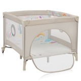 Tarc de joaca pliabil Lionelo Mille Plus Bej, cu saltea T25, jucarii, manere textile, roti si geanta 100x100 cm