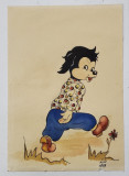 Catelus la plimbare, grafica copii, semnata Lili, 1958. Tehnica mixta, penita tus si acuarela, 16.5x11.5cm. Album de arta