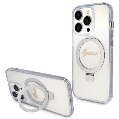 Husa Guess iPhone 15 Pro Max Ring Stand Script Glitter MagSafe, transparenta, GUHMP15XHRSGSD foto