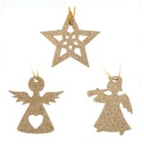 Set 8 Globuri de lemn auriu, stea, ingeras, ornamente brad Craciun 5 cm