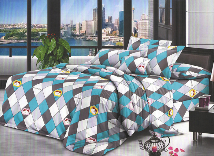 Lenjerie de pat pentru o persoana cu husa elastic pat si 2 fete perna patrata, Rabanne, bumbac mercerizat, multicolor
