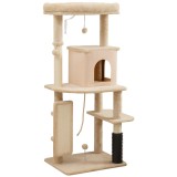 PawHut Arbore pentru Pisici Multilevel &Icirc;nalt 132 cm cu Căsuță, Culcuș, St&acirc;lpi Zg&acirc;riători, Perie și Biliță, Bej | Aosom Romania