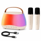 Set 2 Microfoane Karaoke cu Boxa, Wireless, Bluetooth, LED RGB, Sunet Stereo, 5 Efecte Vocale, MicroSD, AUX, USB-C, Crem