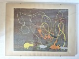 Tablou abstract vintage, lucrare originală pe mătase sub sticlă, semnată Sarah, 1988