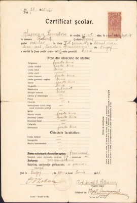 A938 Certificat școlar Liceul Coriolan Brediceanu, 1921, Lugoj foto