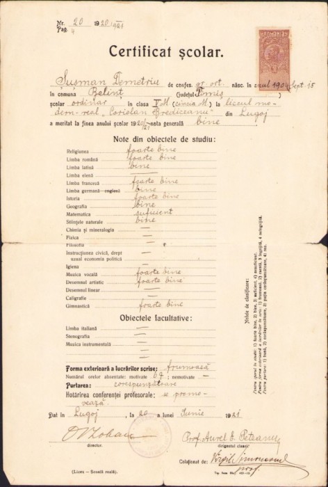 A938 Certificat școlar Liceul Coriolan Brediceanu, 1921, Lugoj