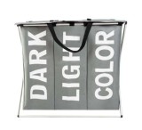 Coș de Rufe Impermeabil cu 3 Compartimente pe Cadru Pliabil, Aluminiu și Țesătură Oxford, 64.5x58x36.5cm, Gri, Ruhhy