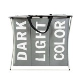 Coș de Rufe Impermeabil cu 3 Compartimente pe Cadru Pliabil, Aluminiu și Țesătură Oxford, 64.5x58x36.5cm, Gri