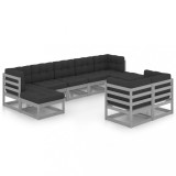 Set mobilier gradina cu perne, 9 piese, gri, lemn masiv de pin