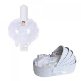 Trusou botez in landou si lumanare glob cu ingeras, decor alb Denikos&reg; 163