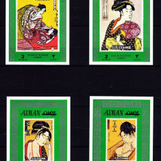 Ajman 1971 Japanese Painting Kitagawa Utamaro 4 imperf. mini sheets MNH S.696