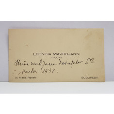 CARTE DE VIZITA APARTINAND AVOCATULUI LEONIDA MAVROJANNI , CU MESAJ DE FELICITARE , 1937