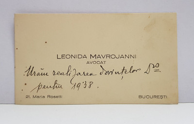 CARTE DE VIZITA APARTINAND AVOCATULUI LEONIDA MAVROJANNI , CU MESAJ DE FELICITARE , 1937 foto