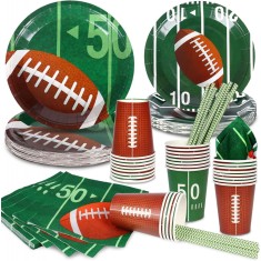 Set Masa pentru Petrecere cu Tema Fotbal American &ndash; 89 Piese, Kit de Vesela pentru 16 Copii cu Farfurii de Hartie, Cupe, Servetele si Paie &ndash; Decoratiu