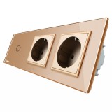 Livolo Intrerupator Simplu + 2 Prize, Aurie Sticla, Model VL-C701/C7-C2EU-13, 16A, 3200W, IP20