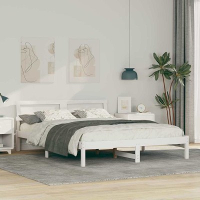 vidaXL Cadru de pat cu headboard Alb 150 x 200 cm Lemn masiv de pin 872816 foto