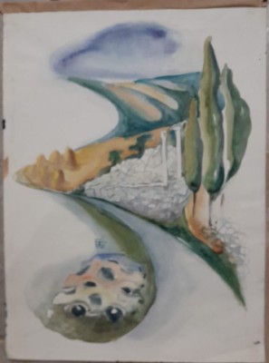 1984 Lucrare &amp;rdquo;PEISAJ&amp;rdquo; de Elena Forțu, acuarelă / carton subțire 57 x 42 cm foto