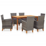 Set mobilier de exterior, 7 piese, gri, poliratan, lemn acacia, vidaXL