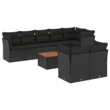 Set mobilier de gradina cu perne, 9 piese, negru, poliratan
