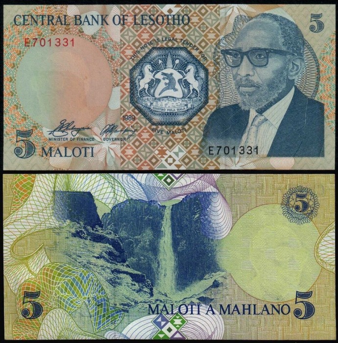 LESOTHO █ bancnota █ 5 Maloti █ 1989 █ P-10 █ UNC █ necirculata