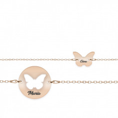 Mariposa - Set bratari personalizat banut si fluturas cu nume din argint 925 placat cu aur roz