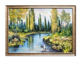 Cumpara ieftin Tablou peisaj toamna tarzie pictat manual inramat, Colt de rai, 75x55cm ulei pe panza, rama din lemn, Stefan Bilibou, certificat de autenticitate