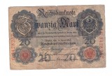 Bancnota Germania 20 mark/marci 21 aprilie 1910, circulata, stare relativ buna