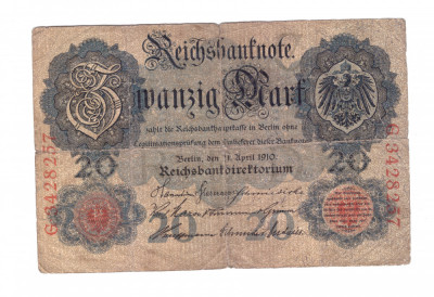 Banconta Germania 20 mark/marci 21 aprilie 1910, circulata, stare relativ buna foto