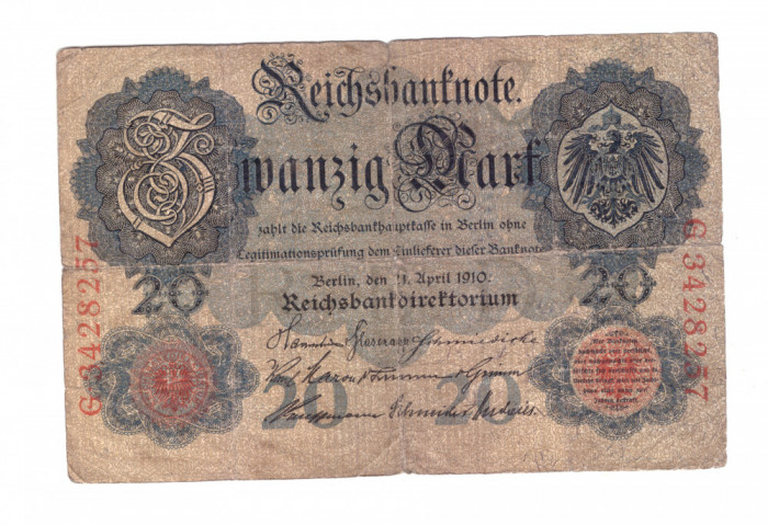 Banconta Germania 20 mark/marci 21 aprilie 1910, circulata, stare relativ buna