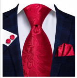 Set cravata rosie cu model floral stilizat + batista + butoni - matase,