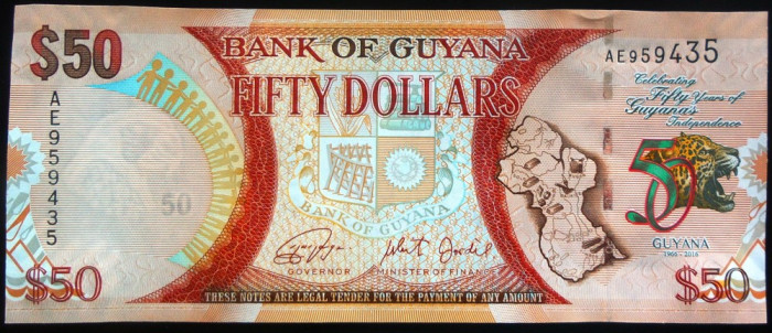 Bancnota COMEMORATIVA 50 DOLARI - GUYANA, anul 2016 * Cod 601 = UNC