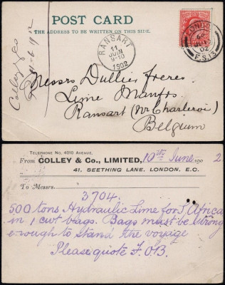 Great Britain 1902 Postcard Old stationery London to Ransart Belgium DB.198 foto