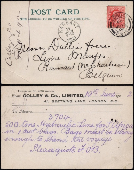Great Britain 1902 Postcard Old stationery London to Ransart Belgium DB.198