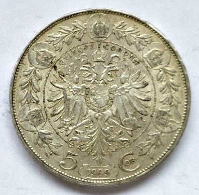 AUSTRIA 5 KORONA COROANE KRONEN 1909 ARGINT EFIGIE MARE AUNC UNC CU PATINA LUCIU foto
