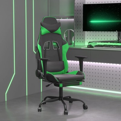 Scaun gaming de masaj/suport picioare, negru/verde, piele eco foto