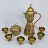 Set din bronz - ceainic, zaharnita si 6 pahare vechi, vintage - decor